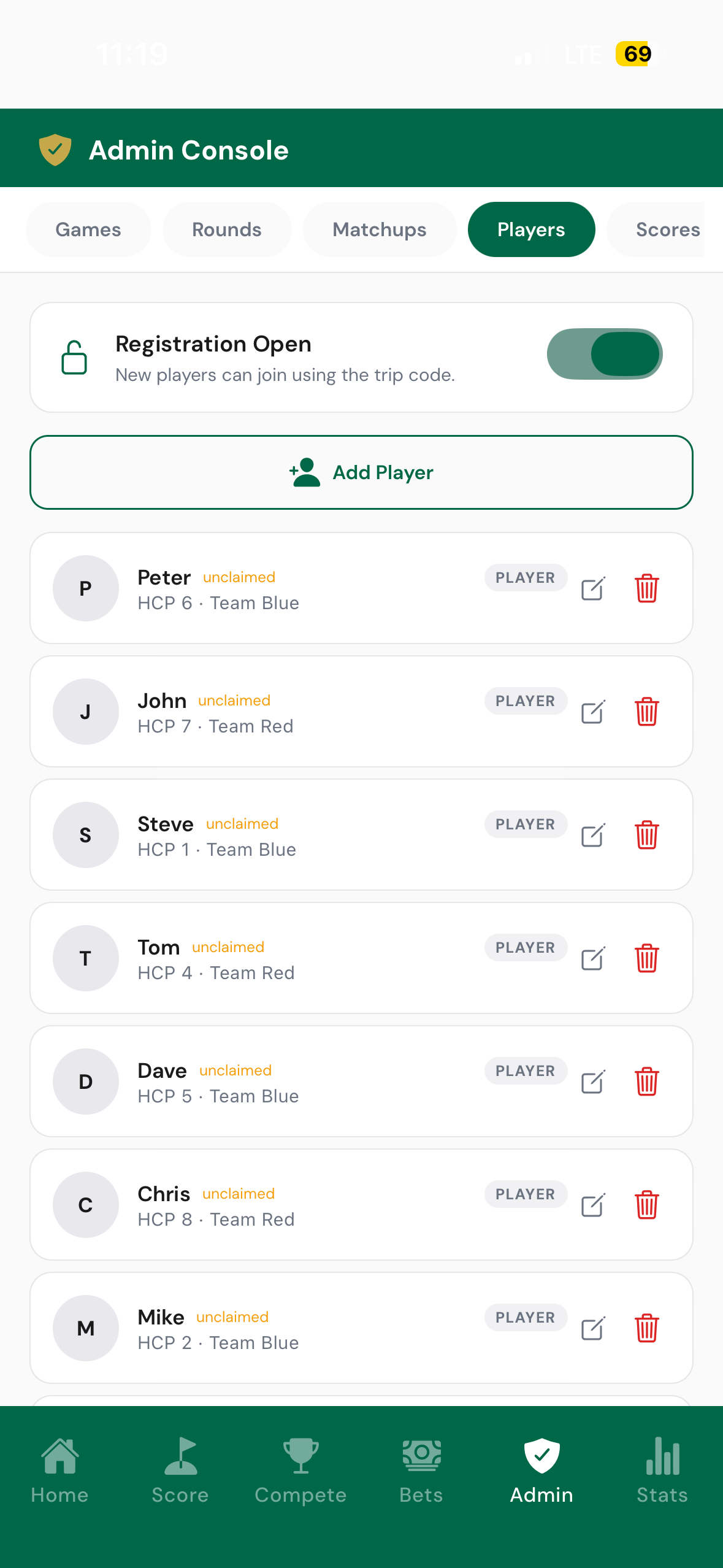 Side Game handicap setup showing official index versus custom group-assigned handicaps, with the spectator TV mode leaderboard
