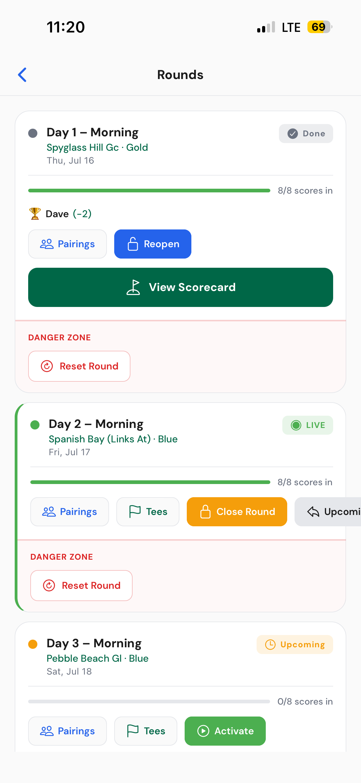 Side Game trip schedule showing courses and rounds across a multi-day trip