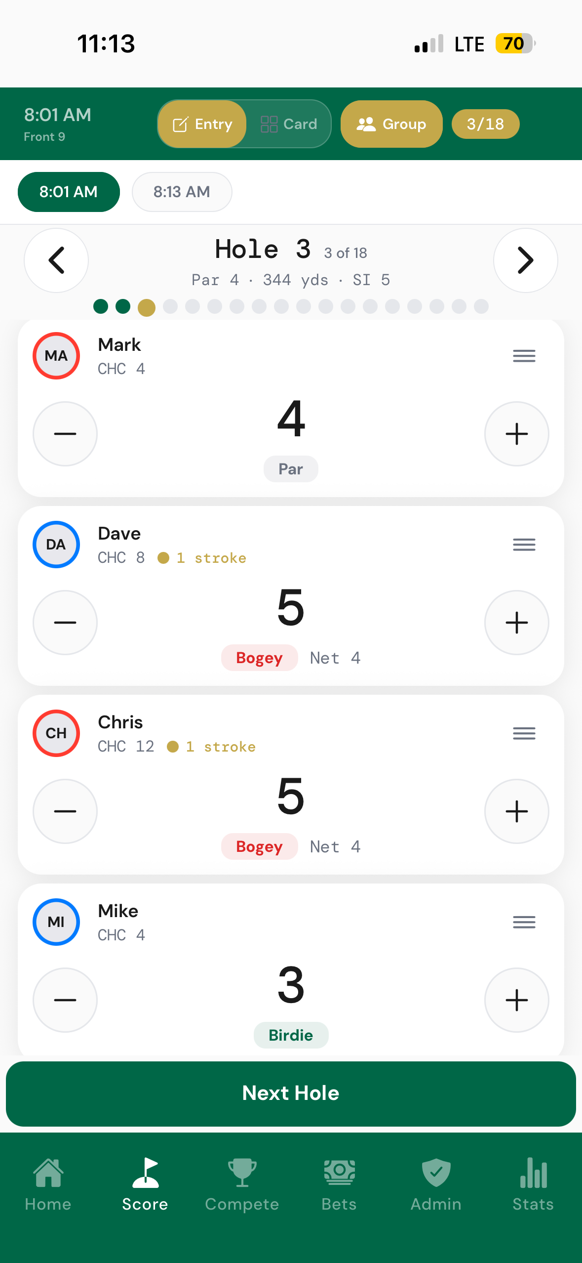 Side Game hole-by-hole scoring screen with gross and net entries